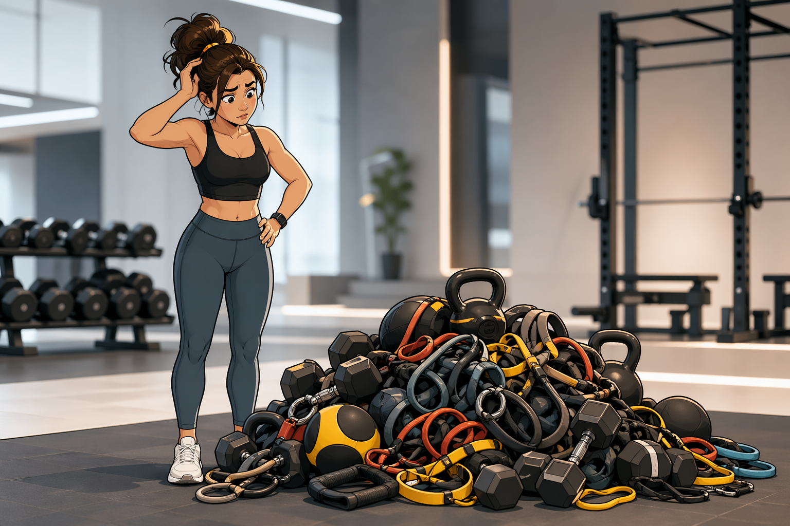 Recreational athlete in a gym unsure how to choose training weights, surrounded by equipment, illustrating RPE and RIR concepts